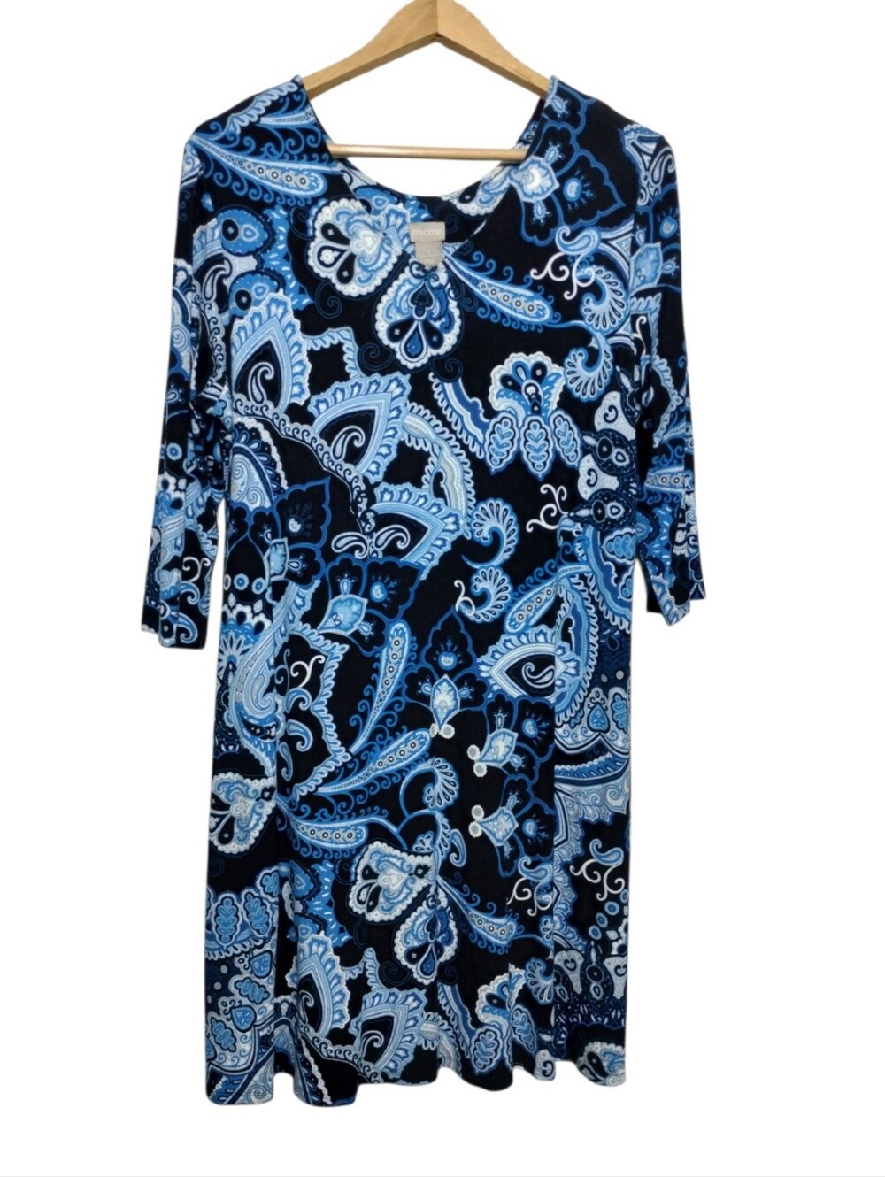 Chico's Blue Paisley Midi Shift Dress Women's L/2 Boho Artsy